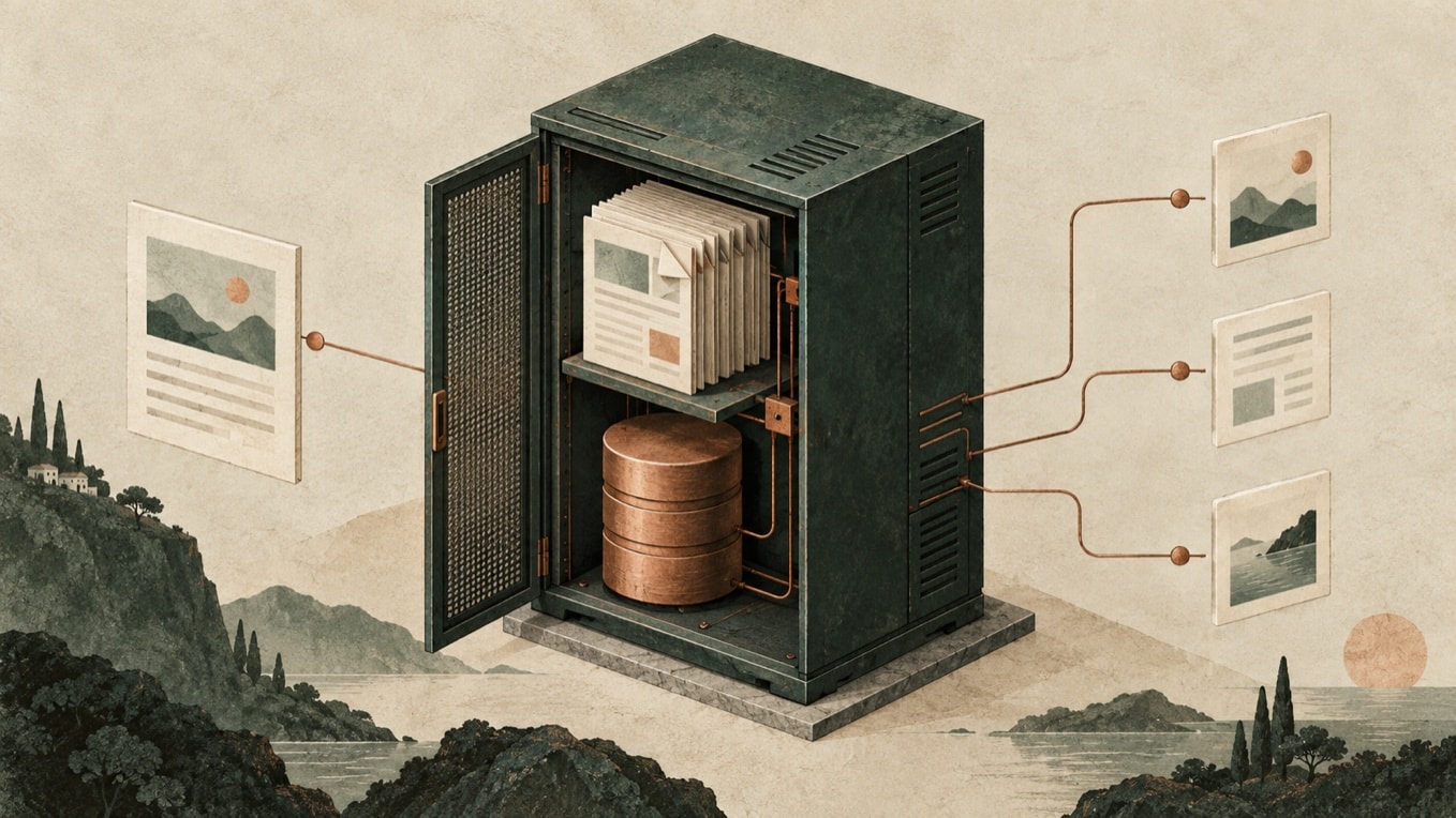 Editorial cutaway of a server holding content files and a database connected to published pages