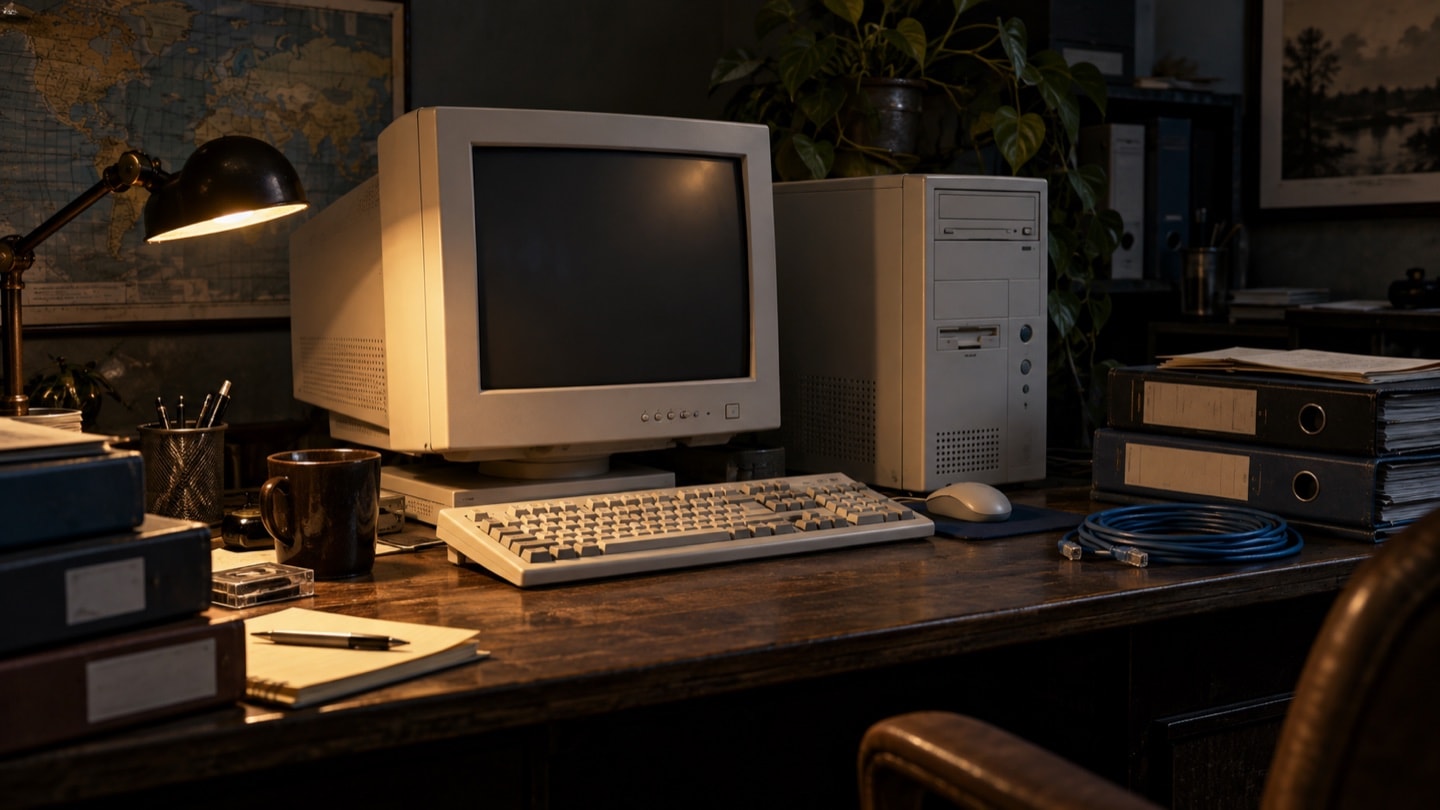 Early-2000s developer workstation with a blank CRT monitor, tower computer and technical binders