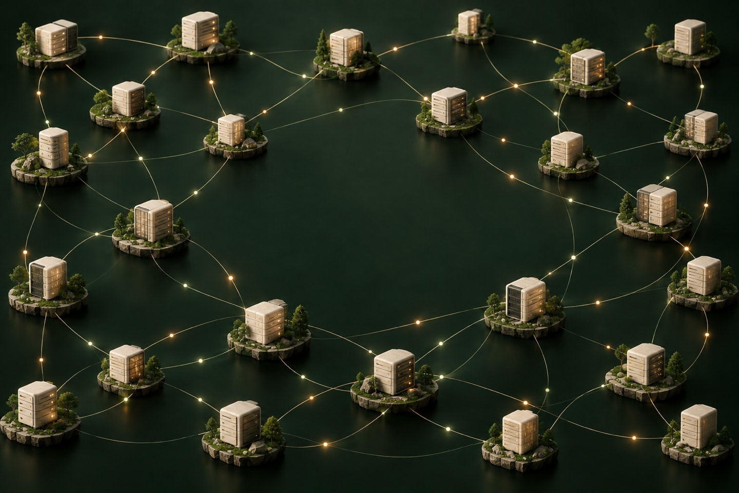 Distributed constellation of independent server blocks linked by fine illuminated connections