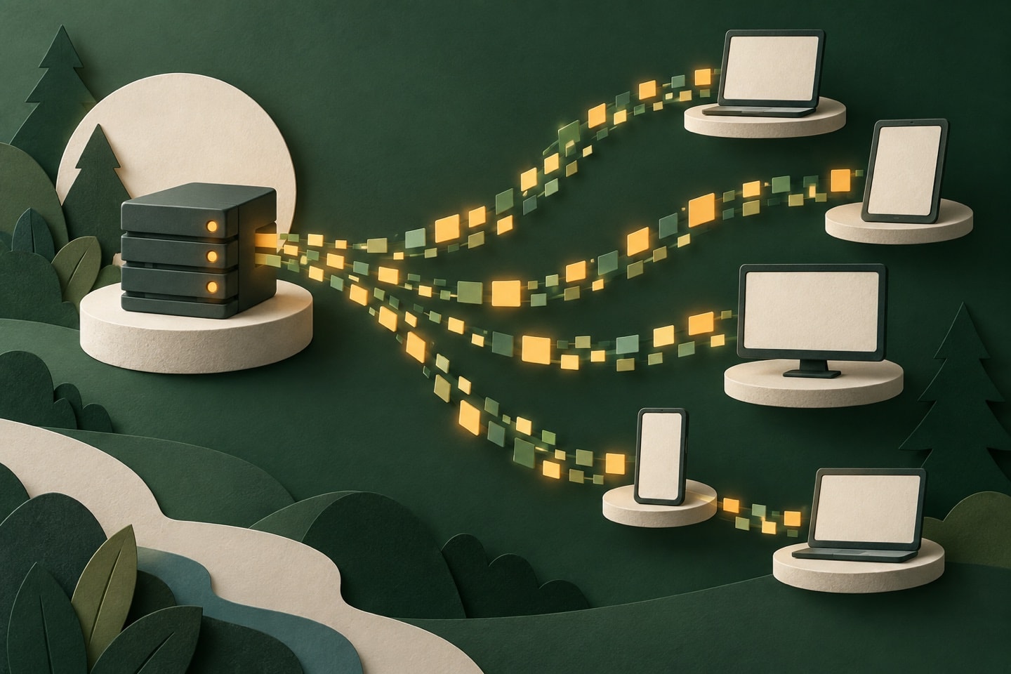 Abstract streams of feed items branching from a server toward several blank reader devices