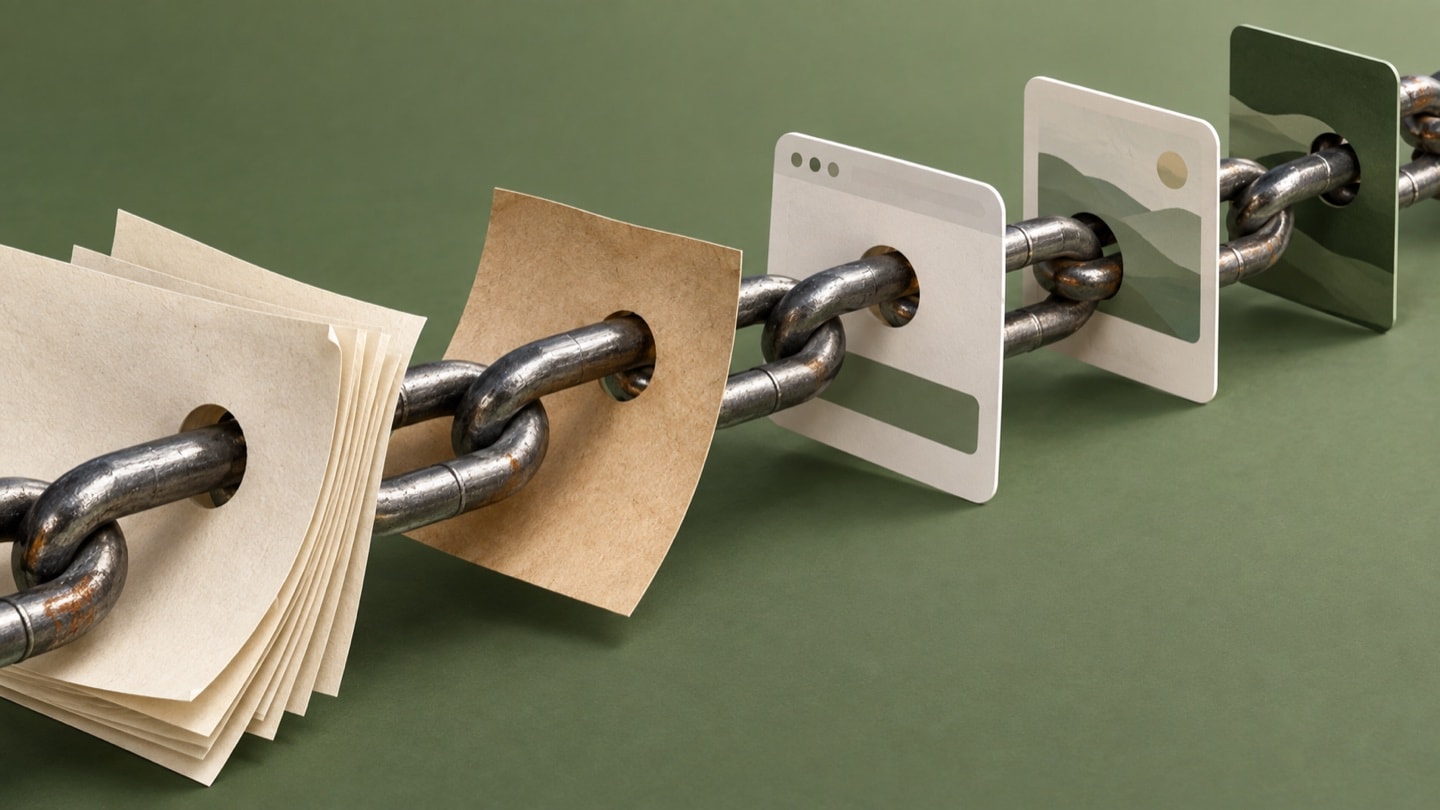 Continuous metal chain passing through changing blank paper pages and web panels