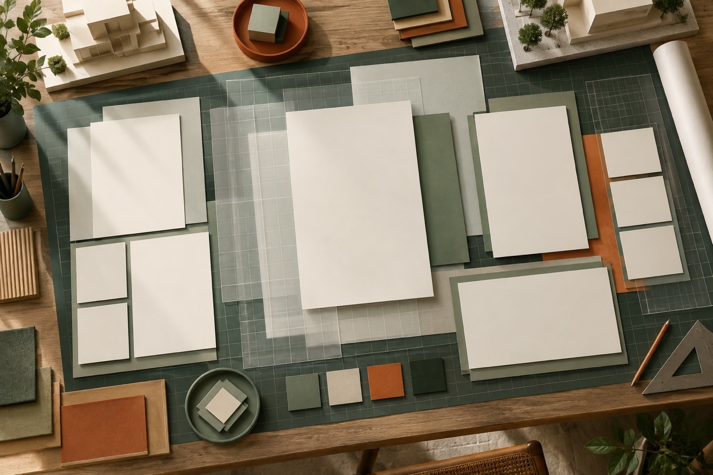 Overhead design workbench with blank page frames, modular panels and translucent layout grids